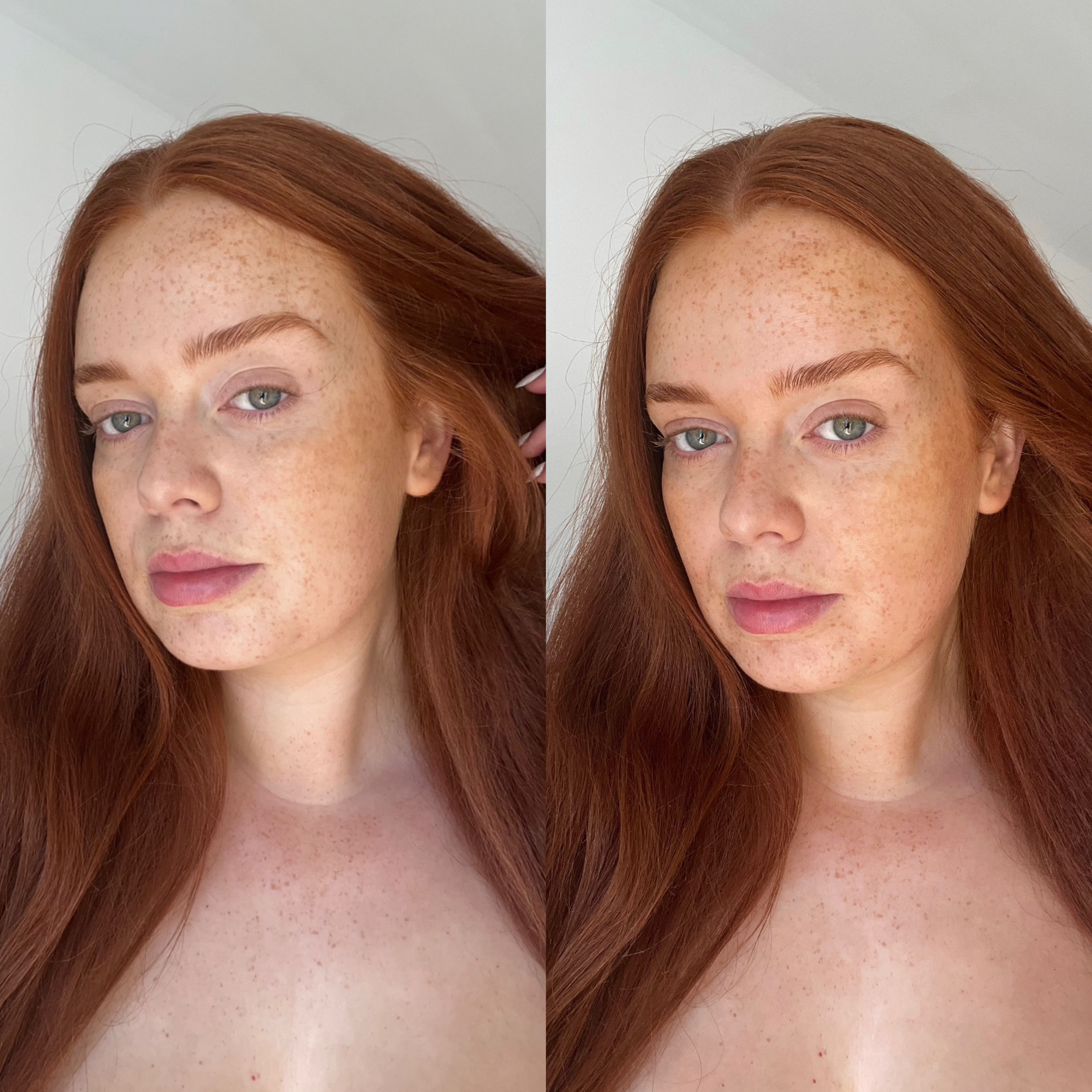 Before and after image showing a white female face with natural, glowing skin after using Self Glow by James Read Sunblush Hydrating Tan Mist. Results are a beautiful evening tan and smoother skin.