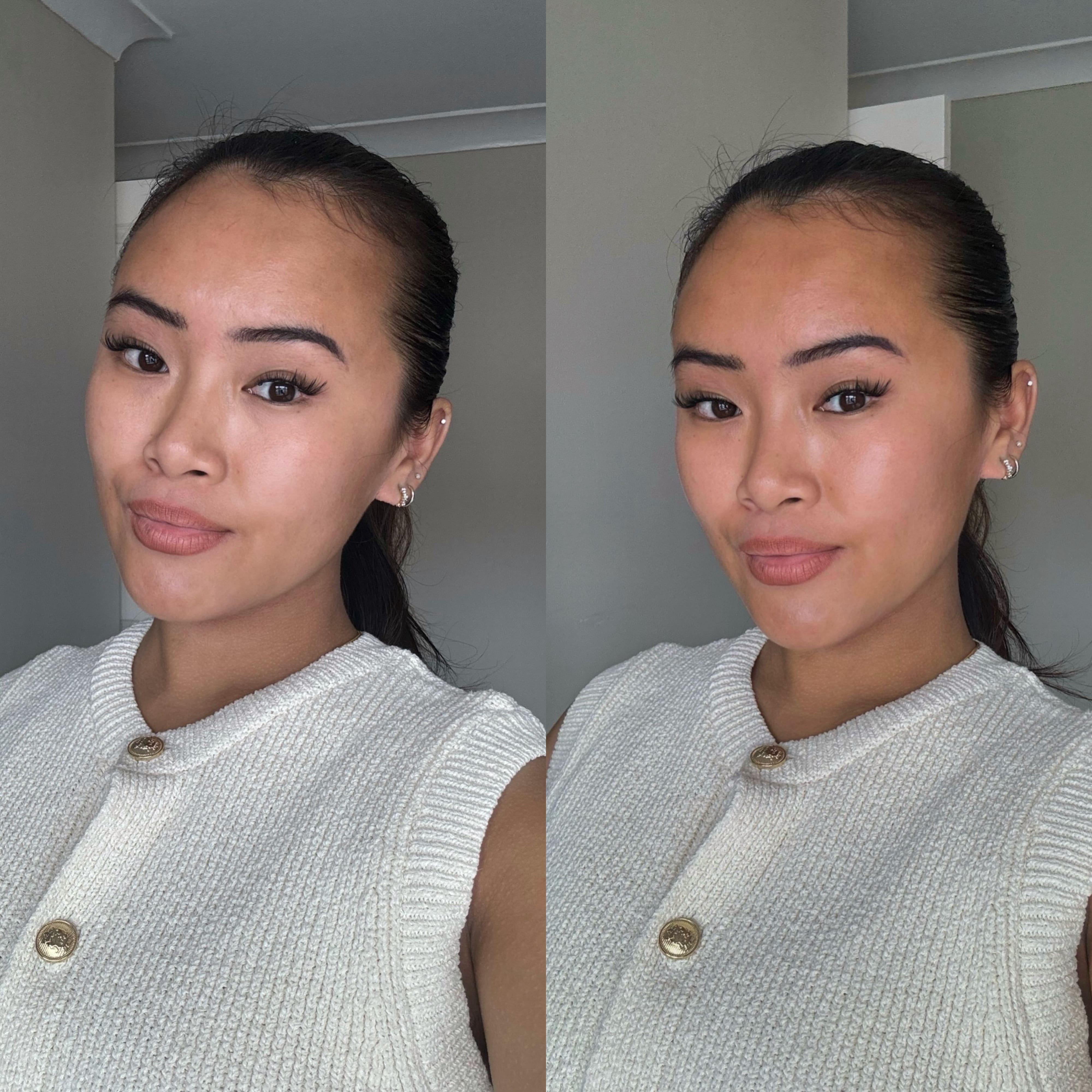 Side-by-side comparison of a female model's face before and after using the Break of Dawn 20-minute mask by Self Glow by James Read. The "after" image showcases a radiant, even tan and visibly smoother, glowing skin.