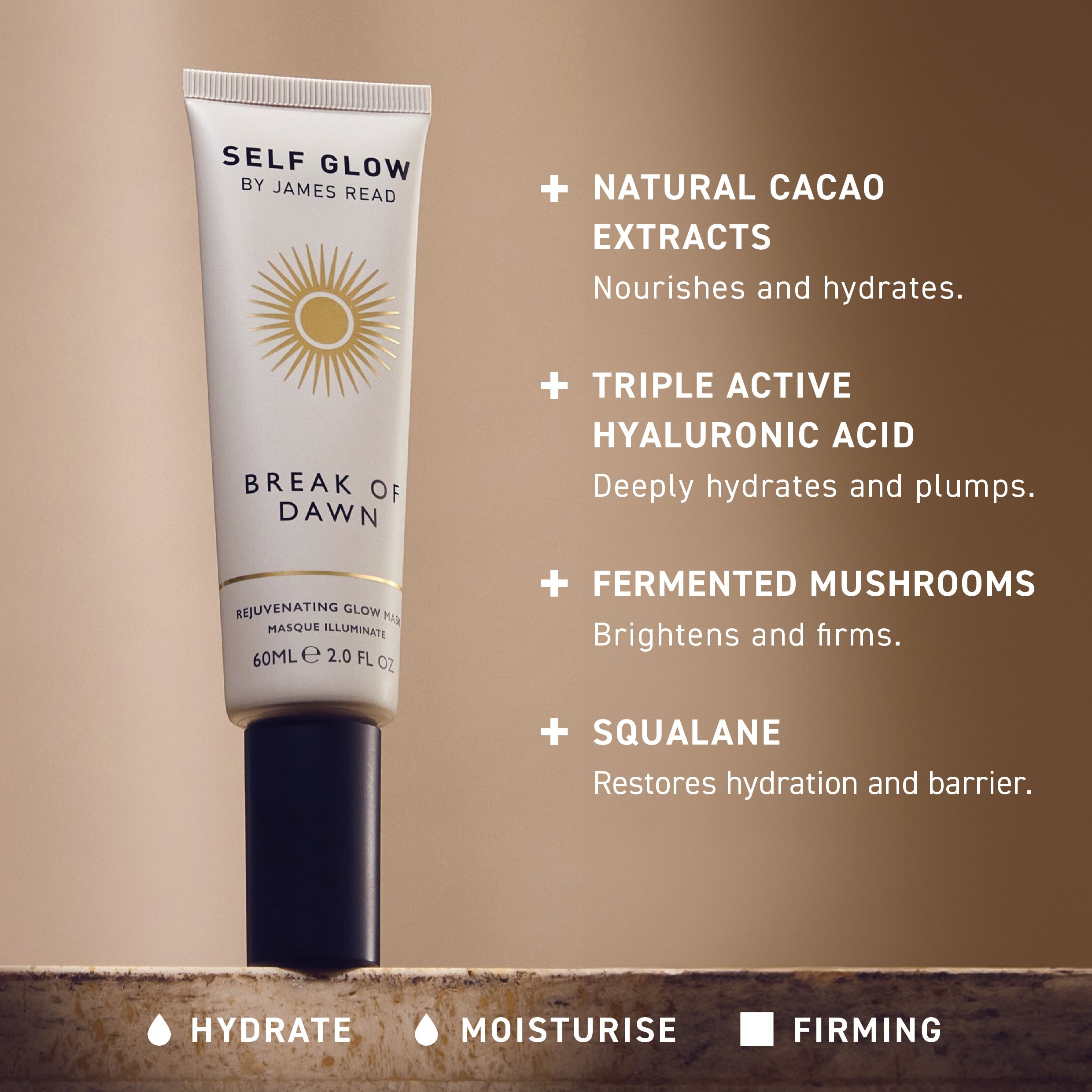 A graph illustrating the key skincare ingredients in Self Glow by James Read products, highlighting squalane, natural cacao extract, and hyaluronic acid, along with their benefits such as nourishment and deep hydration.