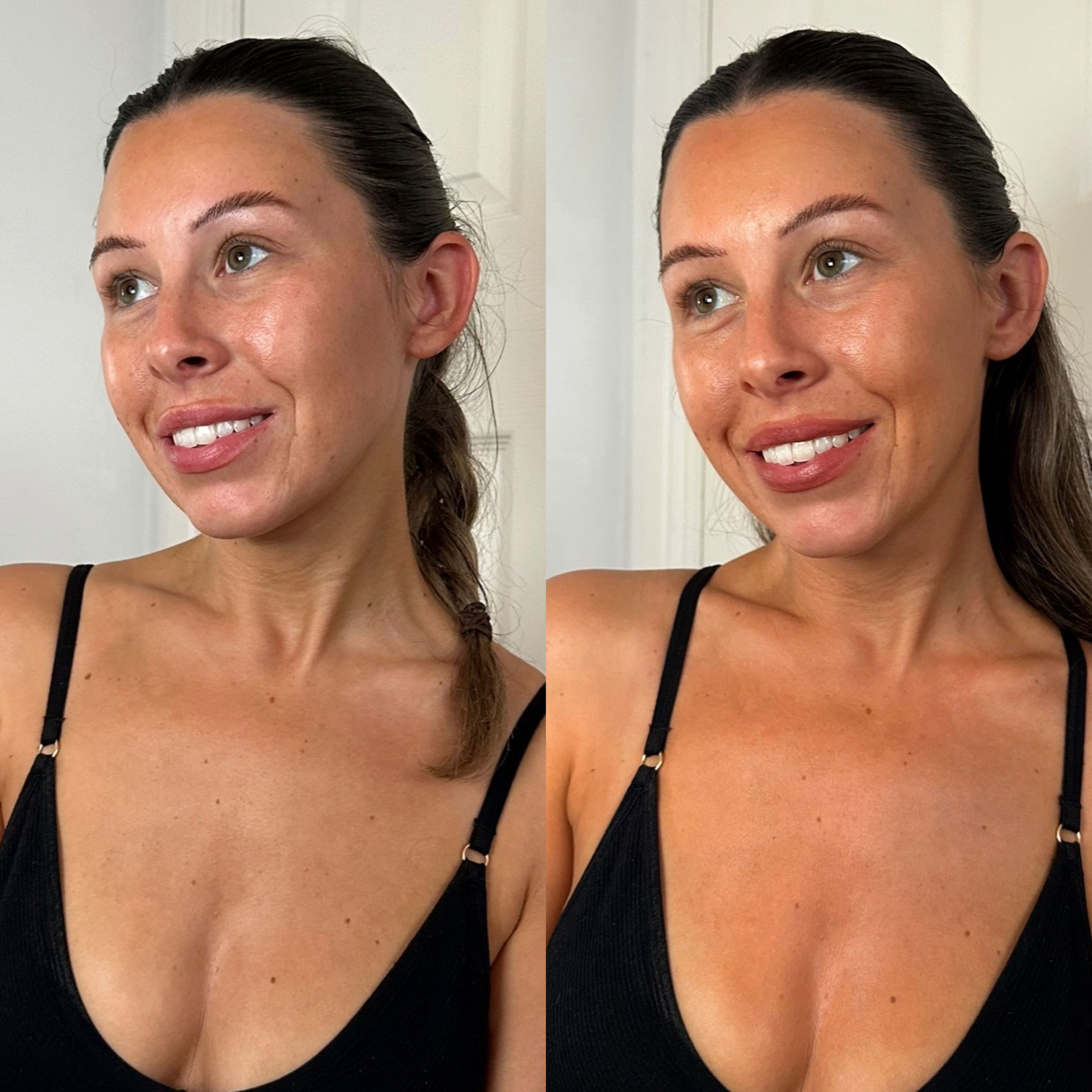 Before and after image of a young woman after applying Sunrise to Sundown Tinted Tan Serum by Self Glow by James Read. The results are glowing skin, both face and body look tanned and hydrated instantly. 